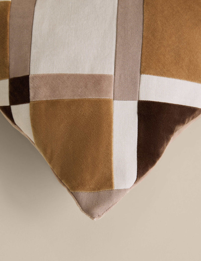 Velvet geometric patchwork bolster cushion 60cm, imported from the UK