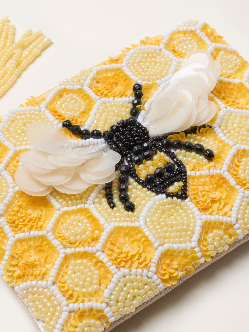 FatFace yellow bee beaded sequin pouch 10cm by 14cm - British product