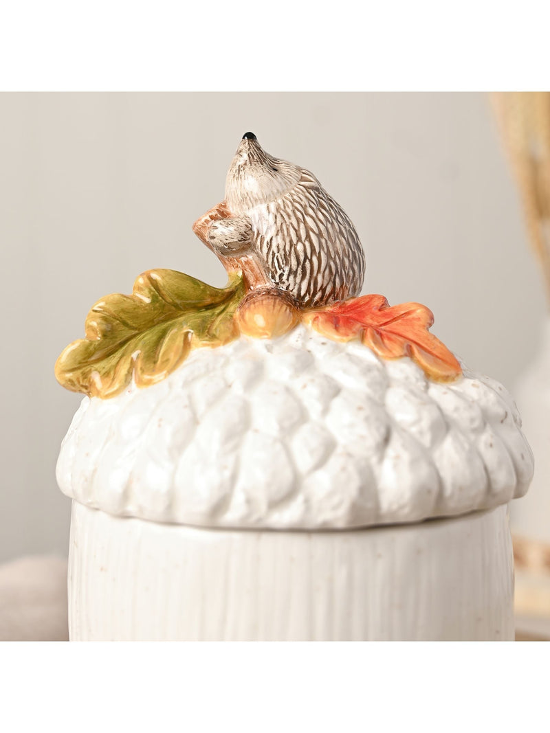 Widdop white storage jar with hedgehog on acorn 18cm height (British brand)
