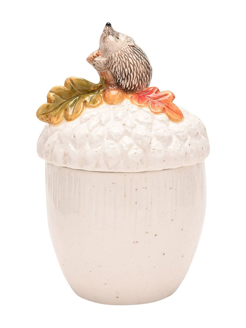 Widdop white storage jar with hedgehog on acorn 18cm height (British brand)