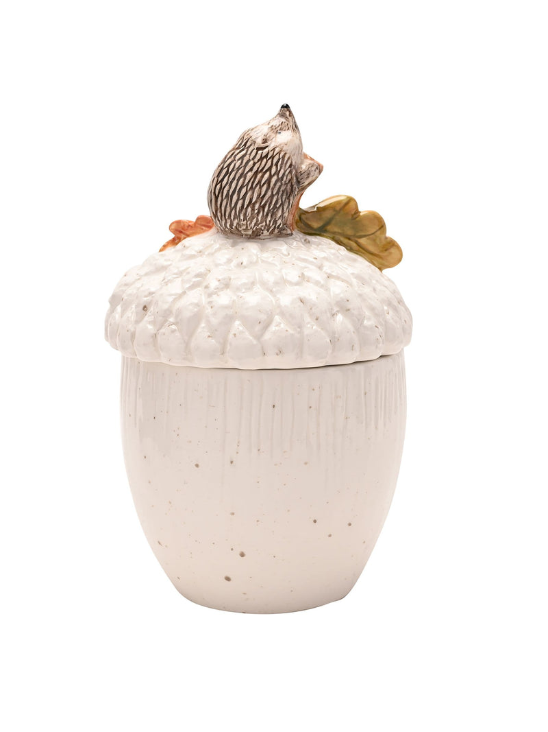 Widdop white storage jar with hedgehog on acorn 18cm height (British brand)