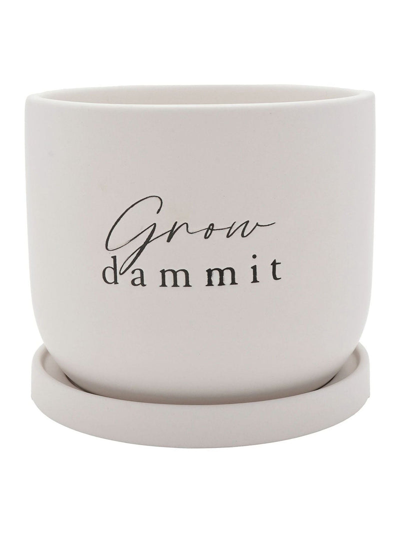 Widdop white ceramic plant pot with Grow Damn It inscription 14x16x16cm (British brand)