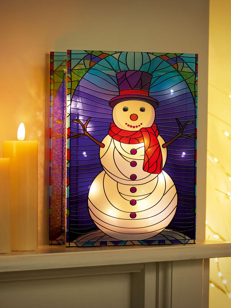 Premier Decorations stained glass snowman with LEDs 21x28cm, imported from the UK