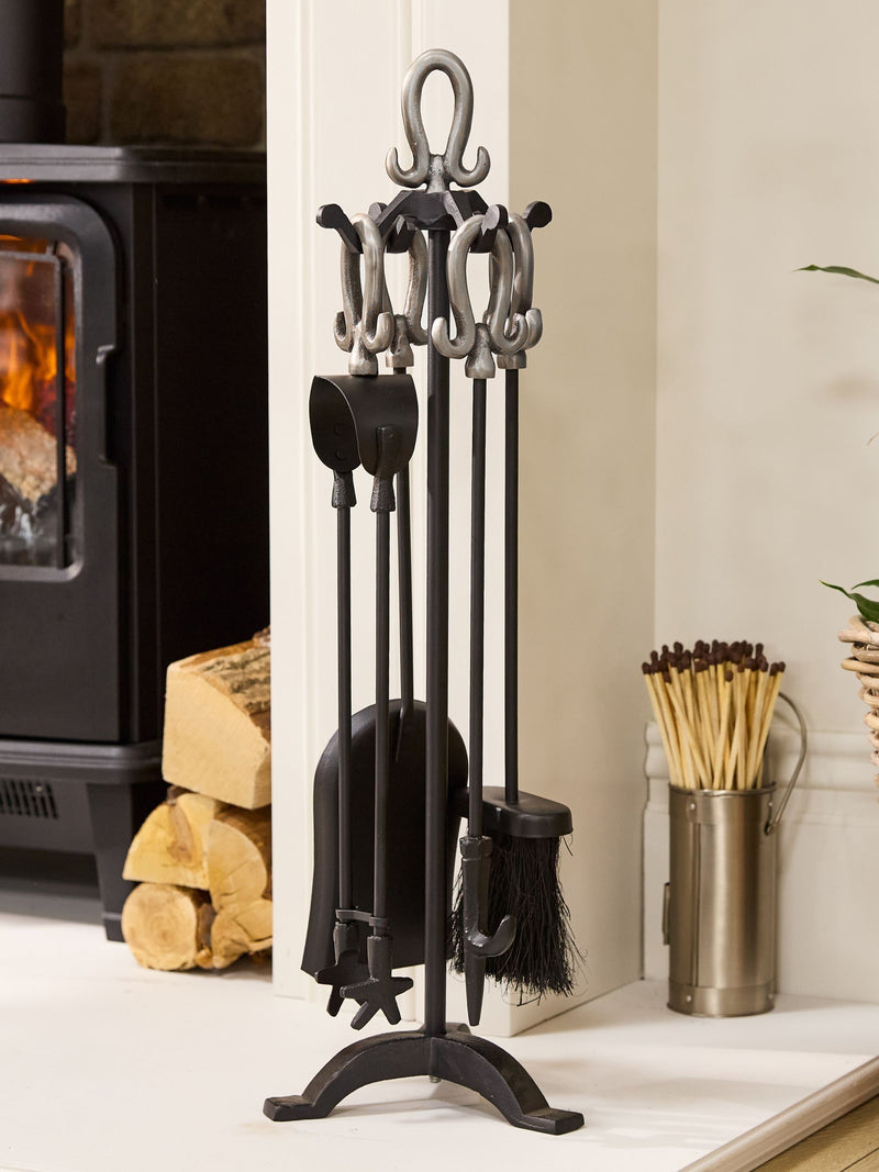 Dibor Pewter Handled Companion Set fireplace tools, imported from the UK
