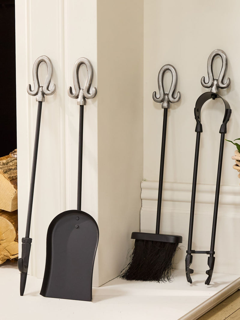 Dibor Pewter Handled Companion Set fireplace tools, imported from the UK