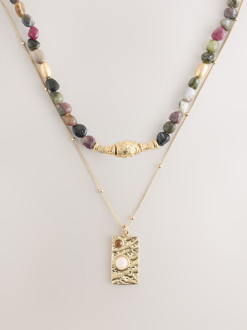 Semi-precious stone two-layer necklace with gold tone pendant, imported from the UK