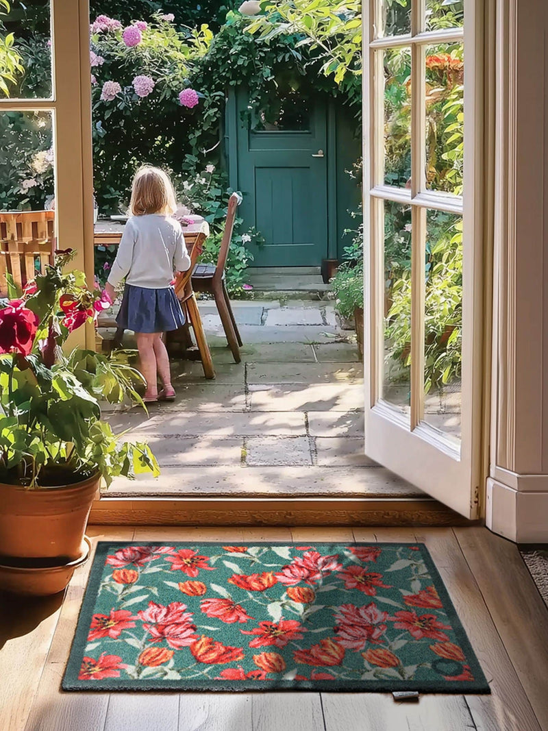 Hug Rug Green Tumbling Tulips doormat 65x85cm, imported from the UK