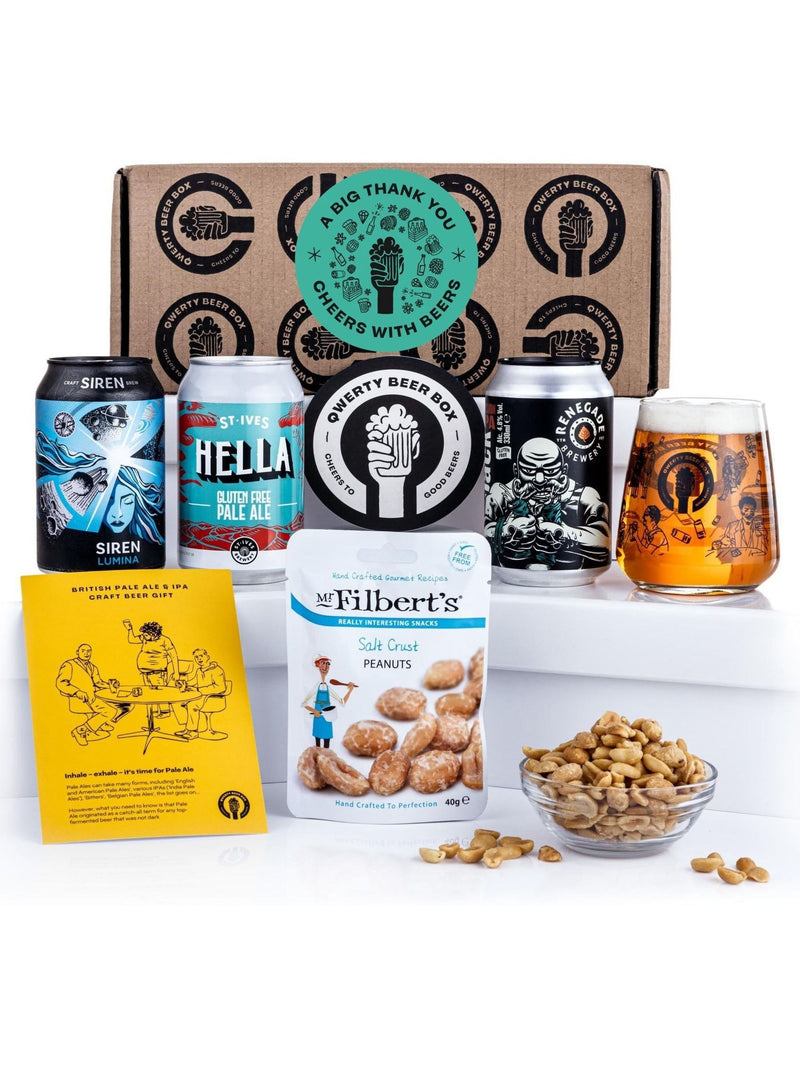 QWERTY beer gift hamper with IPAs and peanuts, imported from the UK
