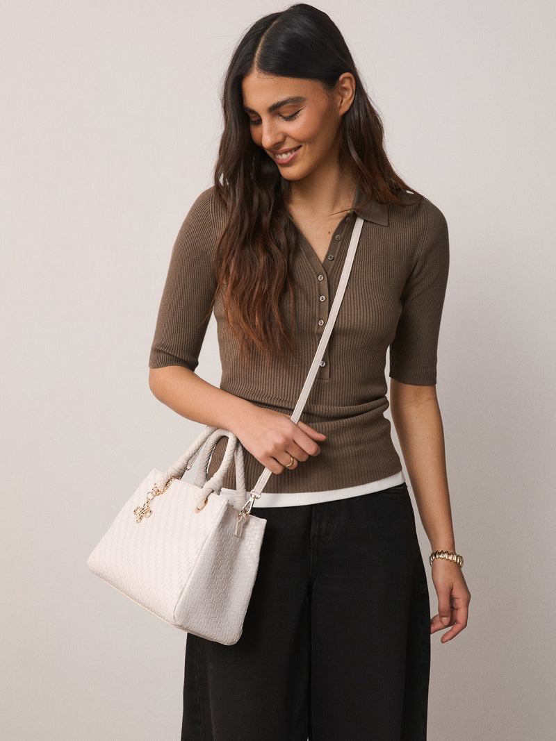 White weave embossed hand held bag compact - British product