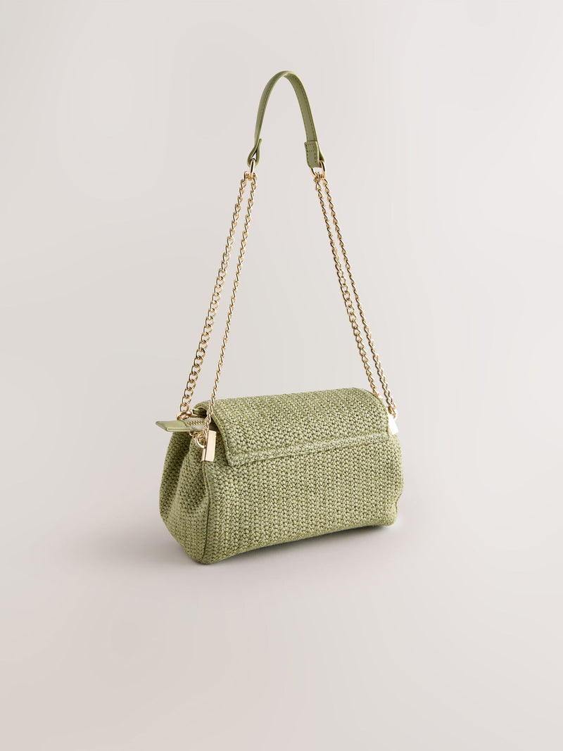 Green raffia effect shoulder bag, imported from the UK