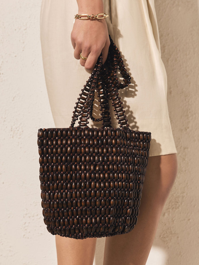 Wooden beaded shoulder bag in chocolate brown, imported from the UK