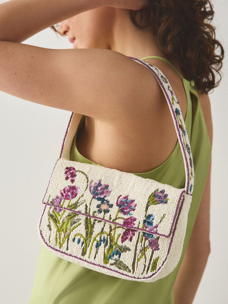 White beaded floral shoulder bag recycled polyester, UK version