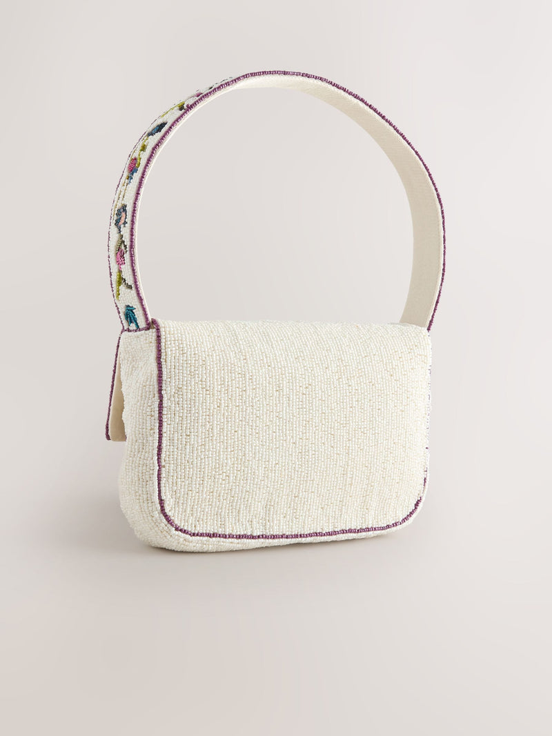 White beaded floral shoulder bag recycled polyester, UK version