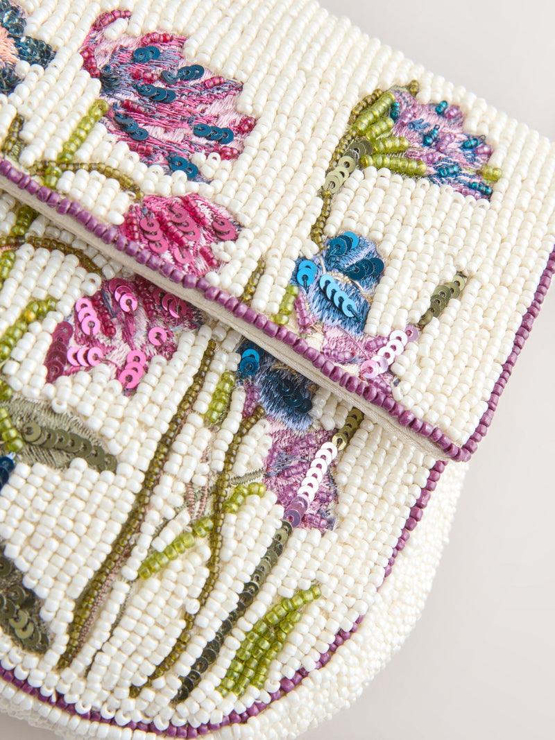 White beaded floral shoulder bag recycled polyester, UK version