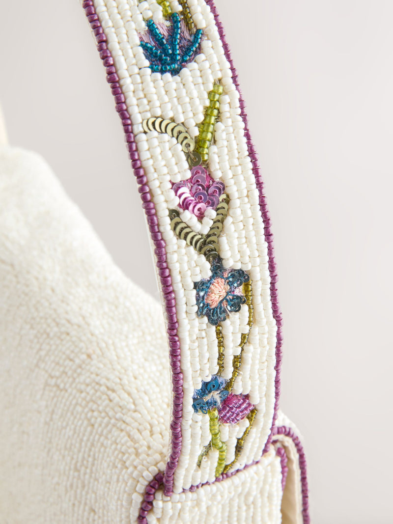 White beaded floral shoulder bag recycled polyester, UK version