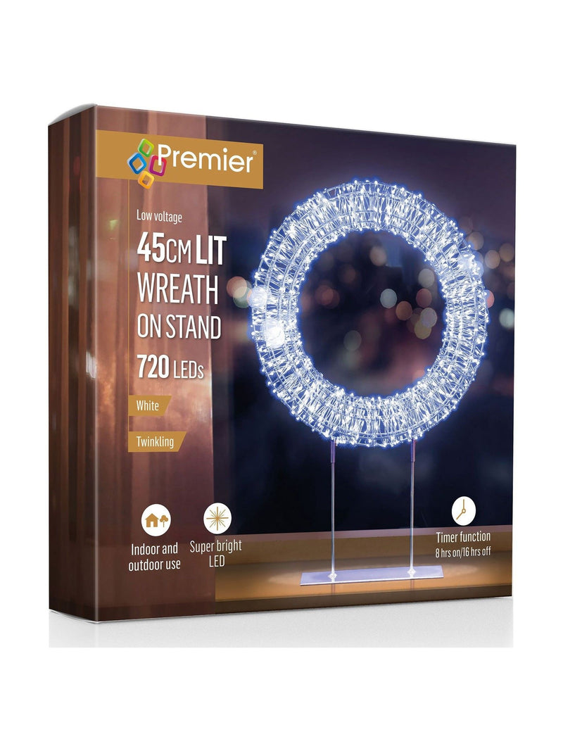 Premier Decorations table top wreath silver with white LEDs 45cm, imported from the UK