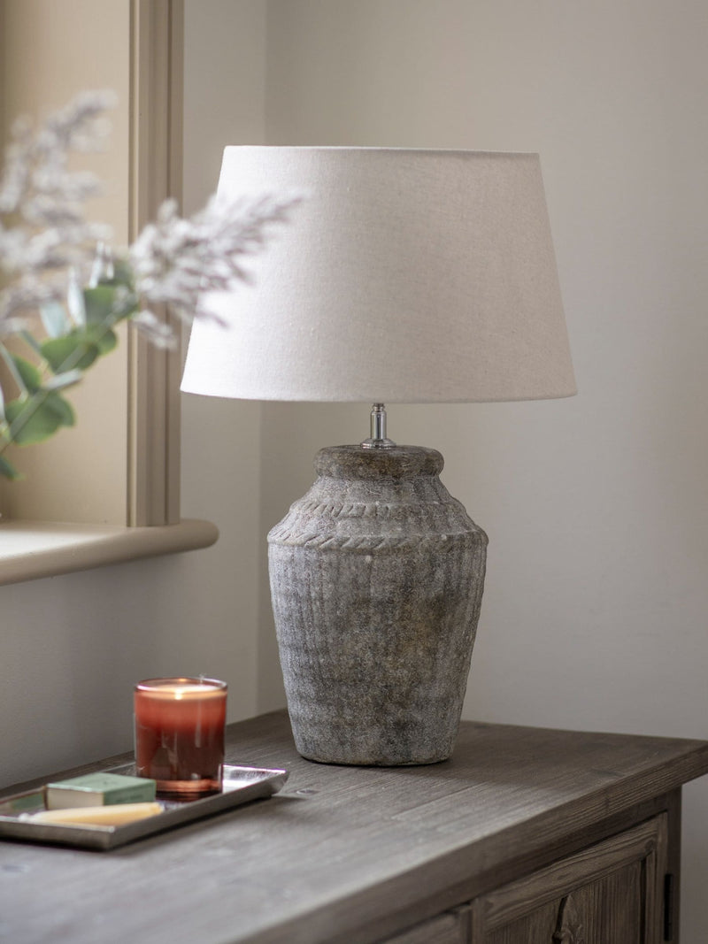 One.World Bradwell stone-effect fluted table lamp, UK version