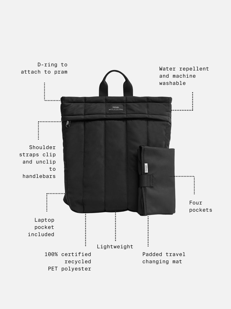 Finnson Black Rae changing backpack with changing mat, imported from the UK