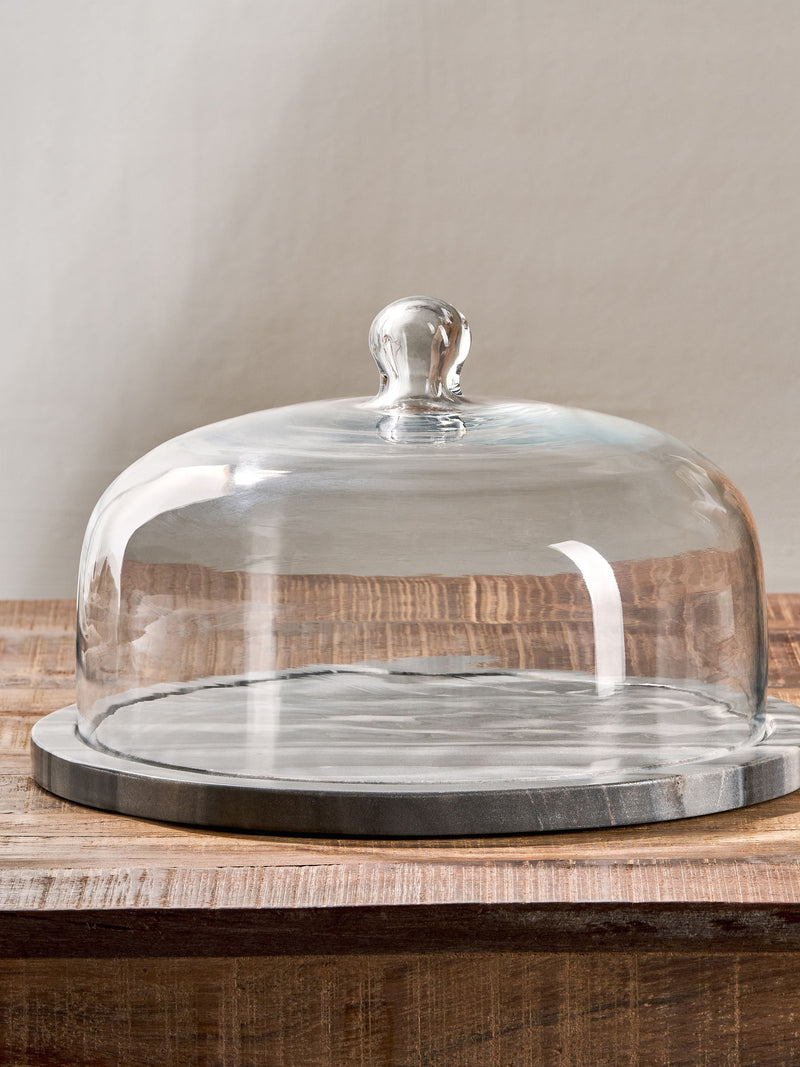 Nkuku grey marble cake dome with glass cover, imported from the UK