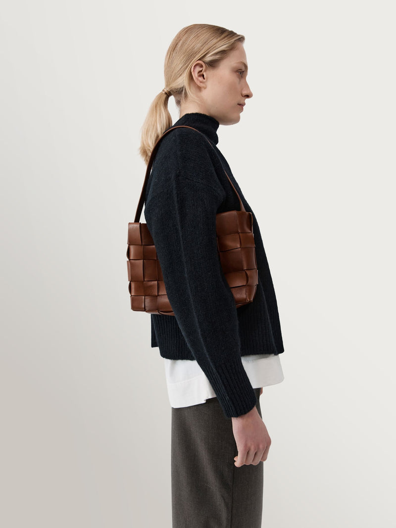 St Agni brown woven leather mini tote bag, UK version