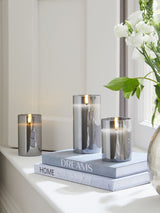 Next Charcoal Grey Glass LED Pillar Candles Set of 3 with Heights 10cm, 12.5cm, 15cm- Buy online at McGrocer