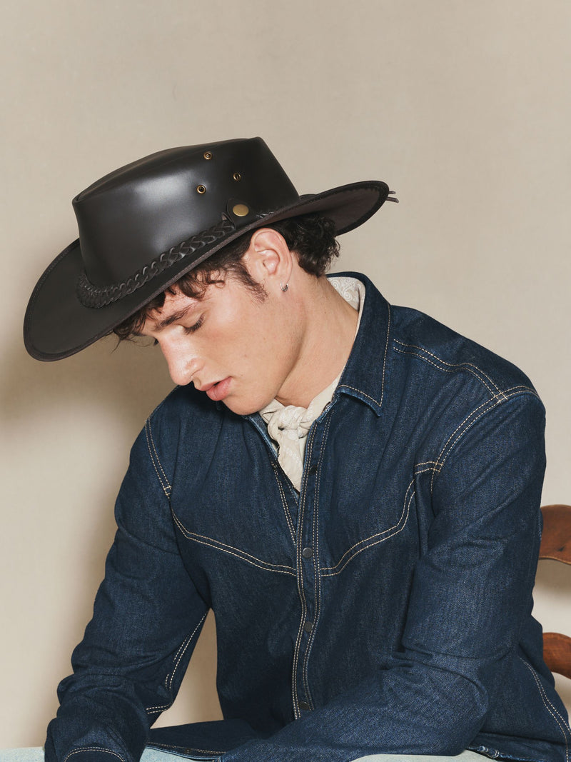 Brown leather cowboy hat with wide brim (British brand)