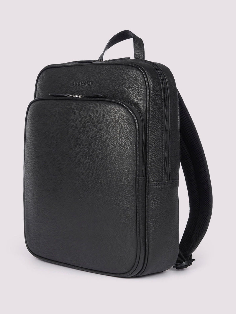 Duchamp black leather backpack with laptop sleeve, imported from the UK