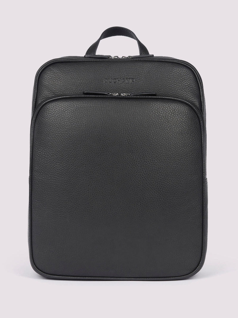 Duchamp black leather backpack with laptop sleeve, imported from the UK
