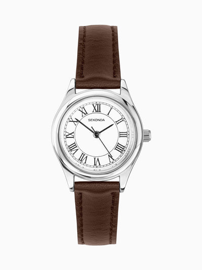Next Ladies' Classic Watch with Silver Alloy Case and Brown Leather Strap, 25mm, Water Resistant- Buy online at McGrocer