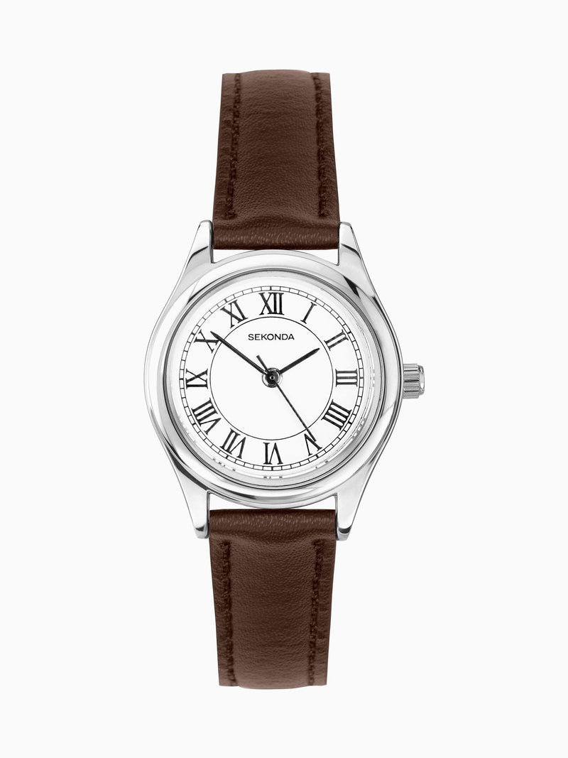 Ladies' Classic Watch with Silver Alloy Case and Brown Leather Strap, 25mm, Water Resistant