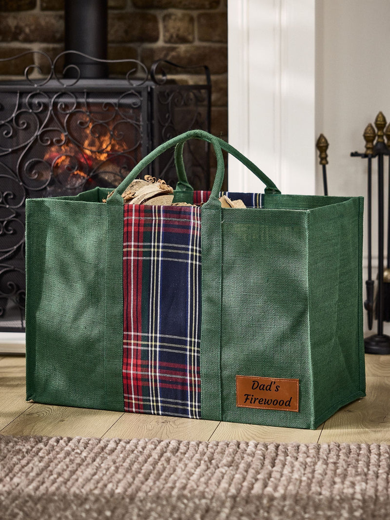 Dibor personalised tartan jute log bag, imported from the UK