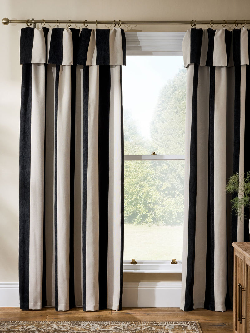 Chenille stripe ruffle top curtains in black and natural - British product
