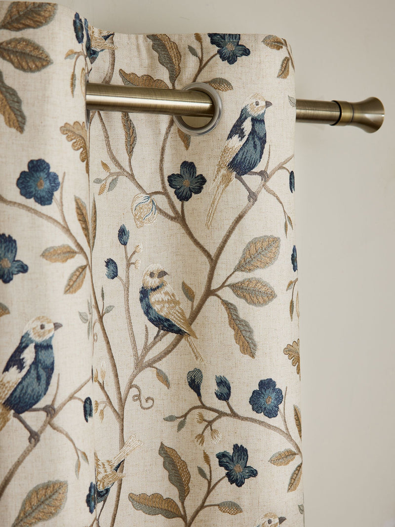 Luxe embroidered bird eyelet curtains, natural blue, imported from the UK