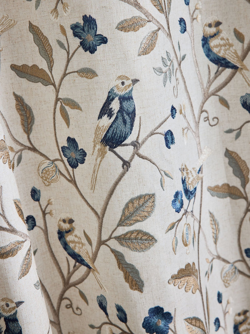 Luxe embroidered bird eyelet curtains, natural blue, imported from the UK