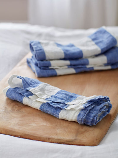 Secret Linen Store Serviettes en lin 100% lin rayé large Cobalt Lot de 4 47x47cm