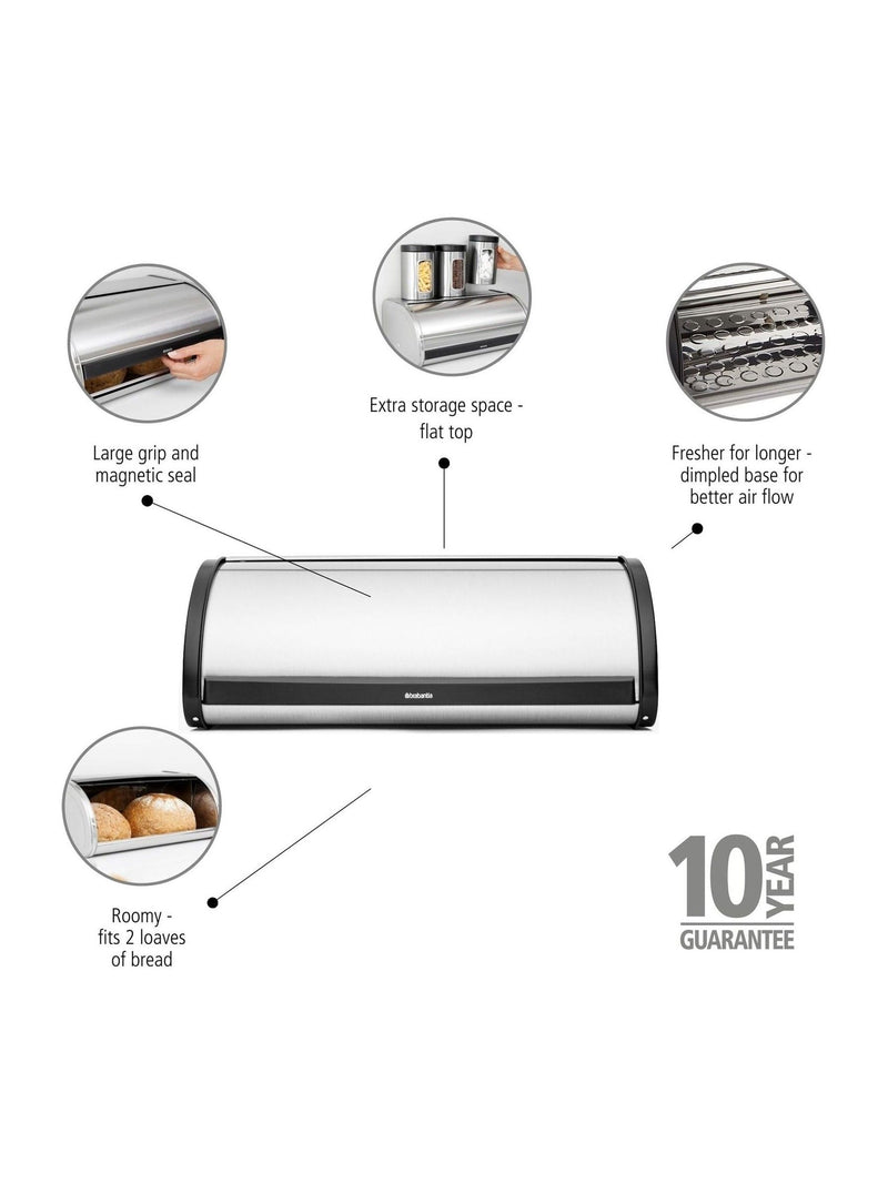Brabantia Matt Steel Fingerprint Proof Roll Top Bread Bin - British product