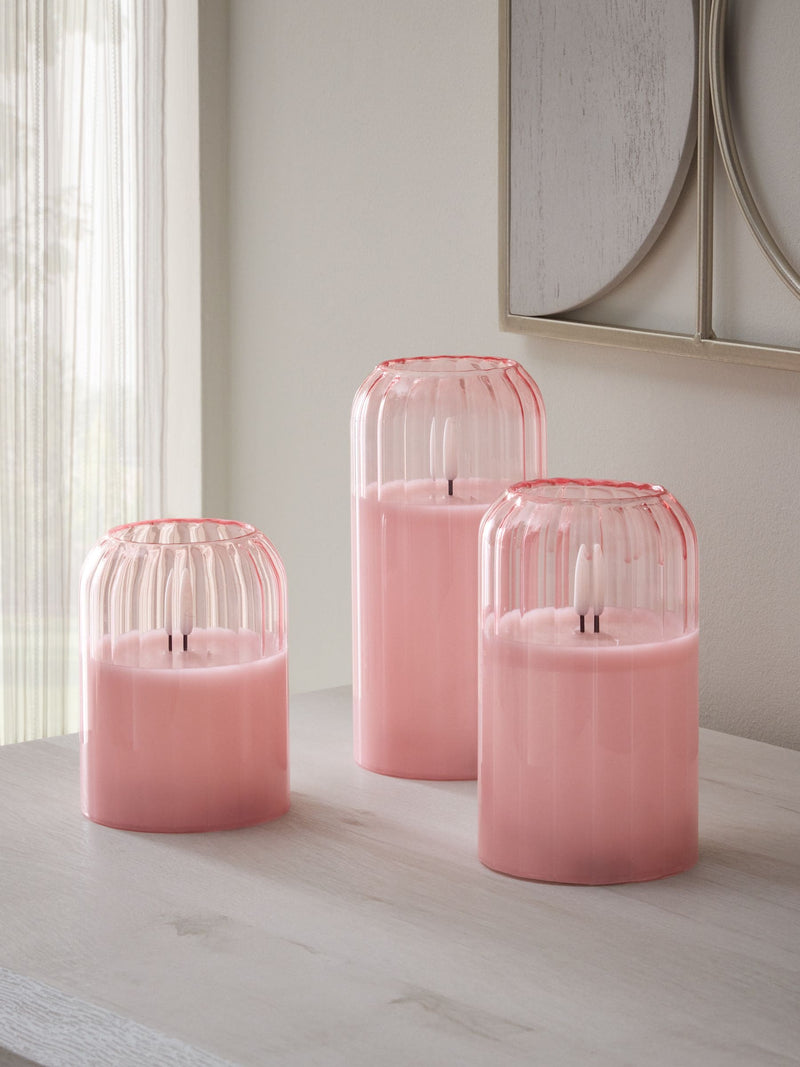 Pink glass ribbed LED pillar candles set of 3, UK version
