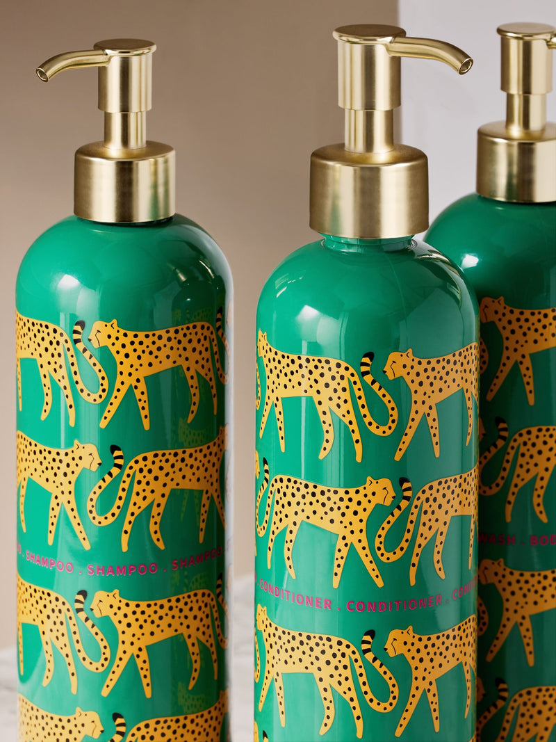 Green cheetah print refillable dispenser bottles set of 3 (British brand)