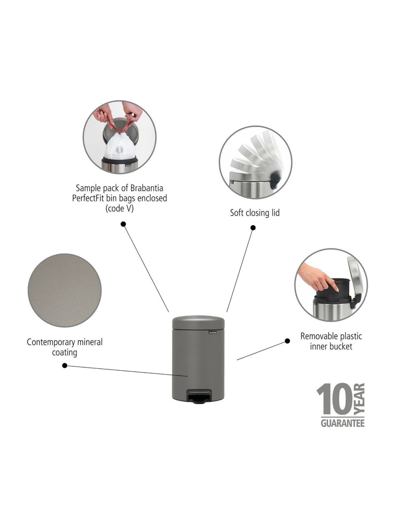 Brabantia Pedal Bin Mineral Concrete Grey 3L - British product