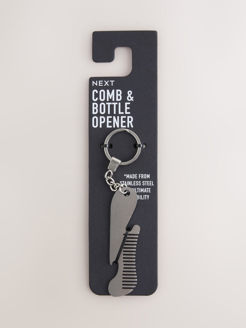 Silver beard comb bottle opener keyring, UK version