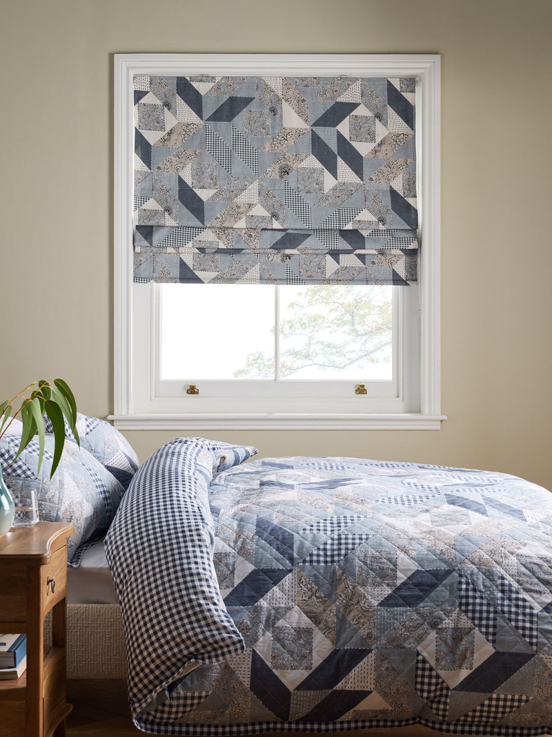 Blue patchwork Roman blind with blackout and thermal lining (British brand)