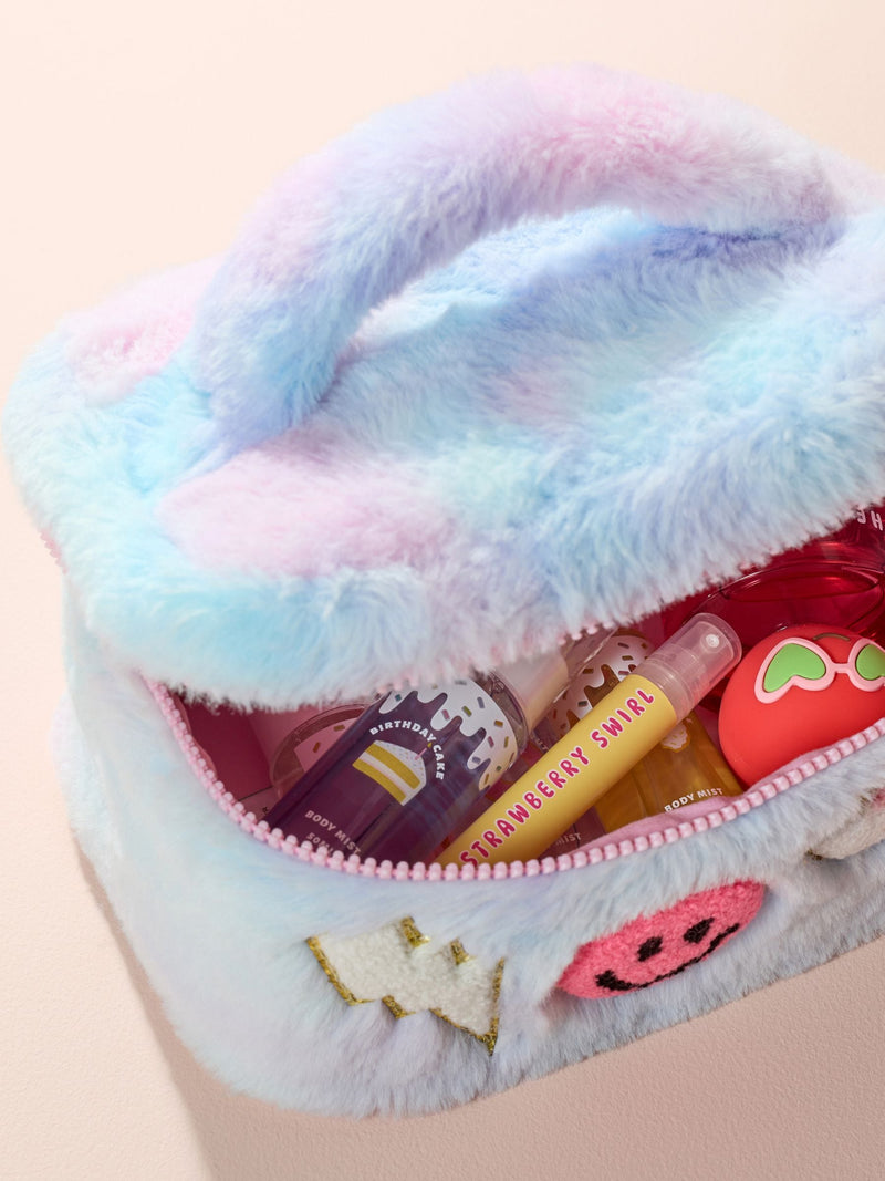 Girls smiley face makeup bag in faux fur polyester, imported from the UK