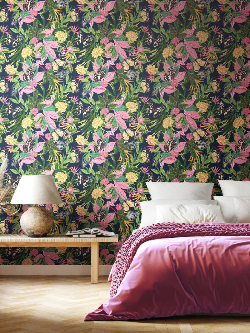 Hoopla Walls Indigo and Pink Paradise wallpaper 10m - British product