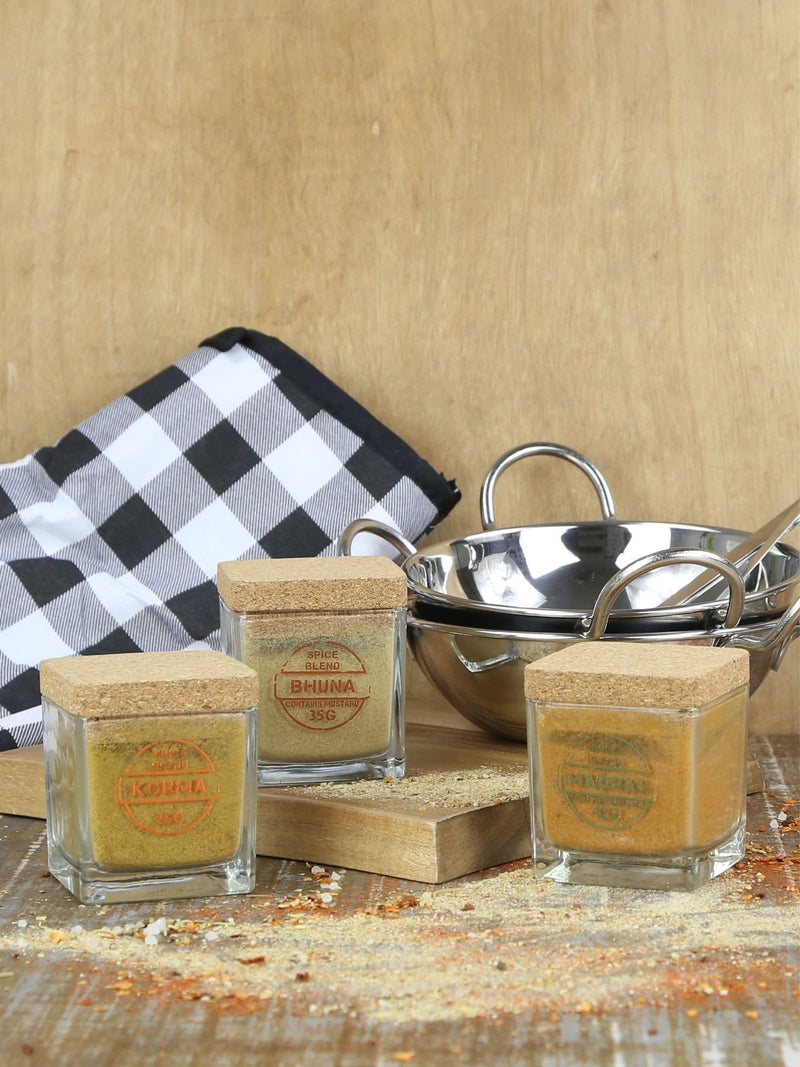 Kimm & Miller curry spice blend set with Korma, Bhuna, and Madras, UK version
