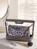 Leopard print makeup bag set with clear mini pouch (British brand)