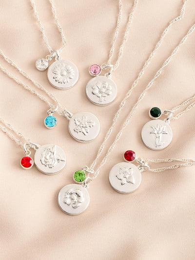 Silver Tone Birthstone Birth Flower Necklace Personalized Gift