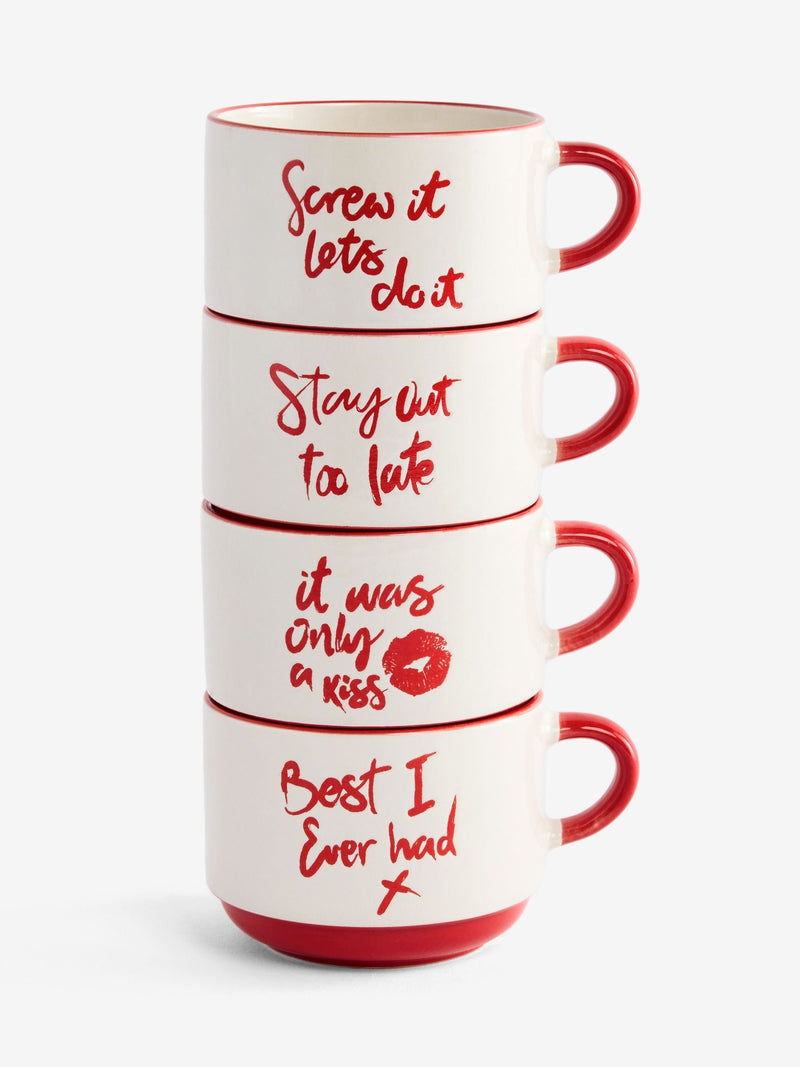 Rockett St George set of 4 red cream lipstick stacking mugs 7cm, imported from the UK