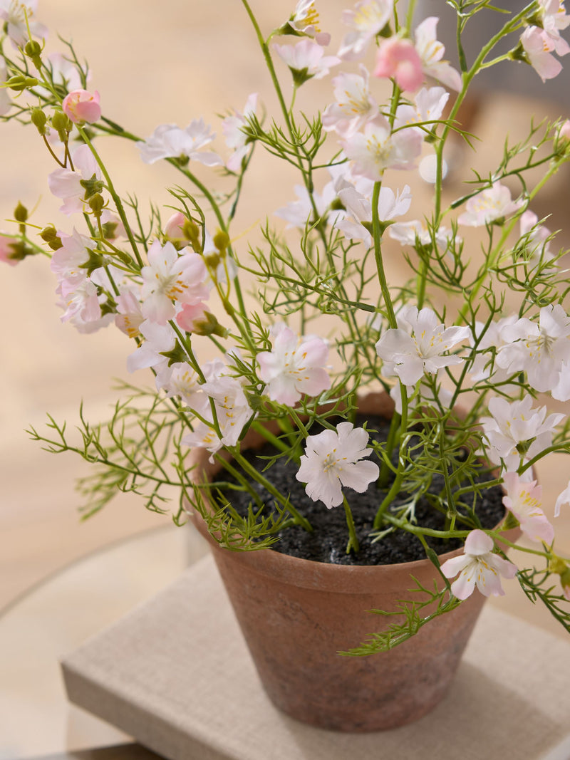 Pink-white artificial flowering plant in terracotta pot (British brand)