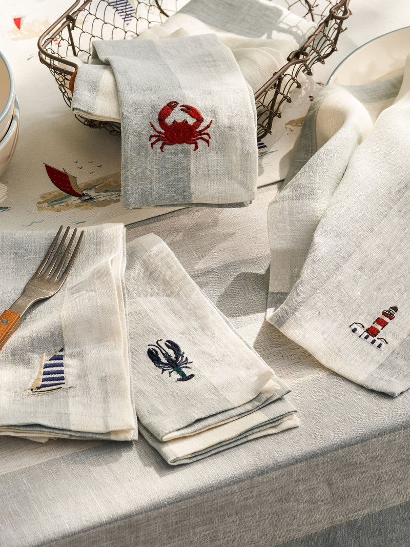 Sophie Allport pale blue linen coastal embroidered napkins set of 4 41x41cm (British brand)