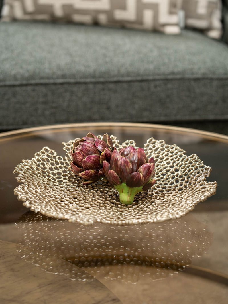 Libra Interiors Gold Miel cast aluminium decorative platter 38cm diameter, UK version